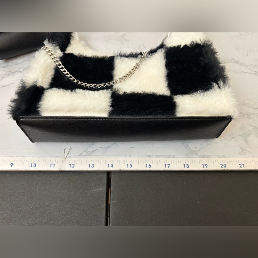 Madden NYC Women's Chain Crossbody Handbag with Pouch, Black White Furry Fir - Picture 8 of 10
